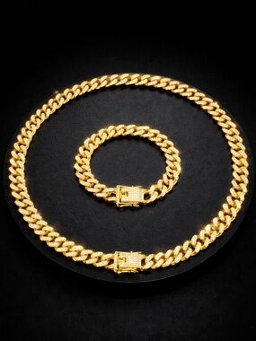 Men’s Iced Cuban Link Chain & Bracelet Set | Diamond-Cut Gold Statement Jewelry